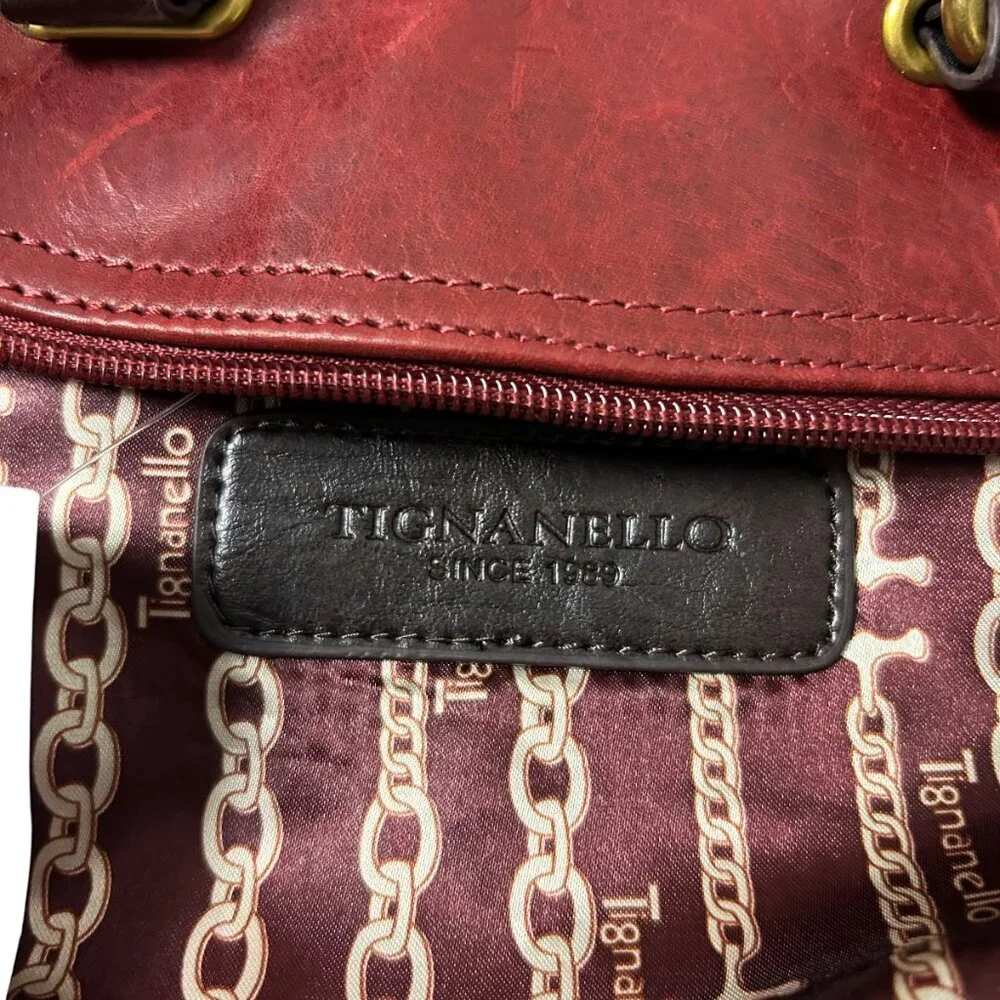 Tignanello Burgundy Leather Satchel Brown Leather Handles Trim Shoulder Strap